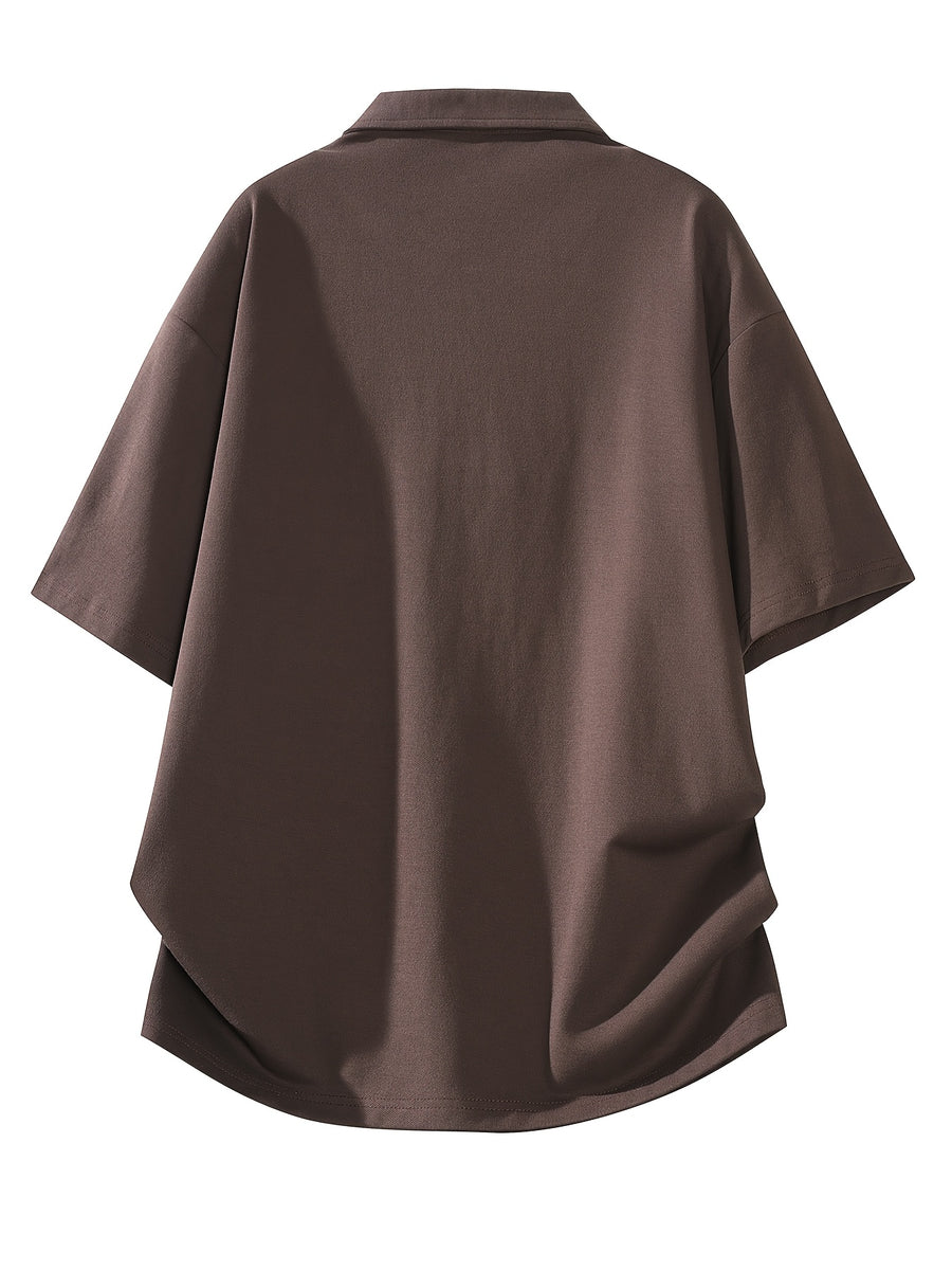 Half-zip Solid Color Polo Shirt, Simple Casual Versatile Top, Men's Lightweight Short-sleeve for Commuting - Mocha Brown