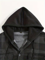 Men'S Jacket, Retro Plaid Shirt, Men'S Casual Shirt Fleece Jacket Single Button with Hat Long Sleeve Coat Men'S Top with Chest Pocket Elastic Cuff Ribbed Spring Autumn New Men'S Clothing - Dark Gray