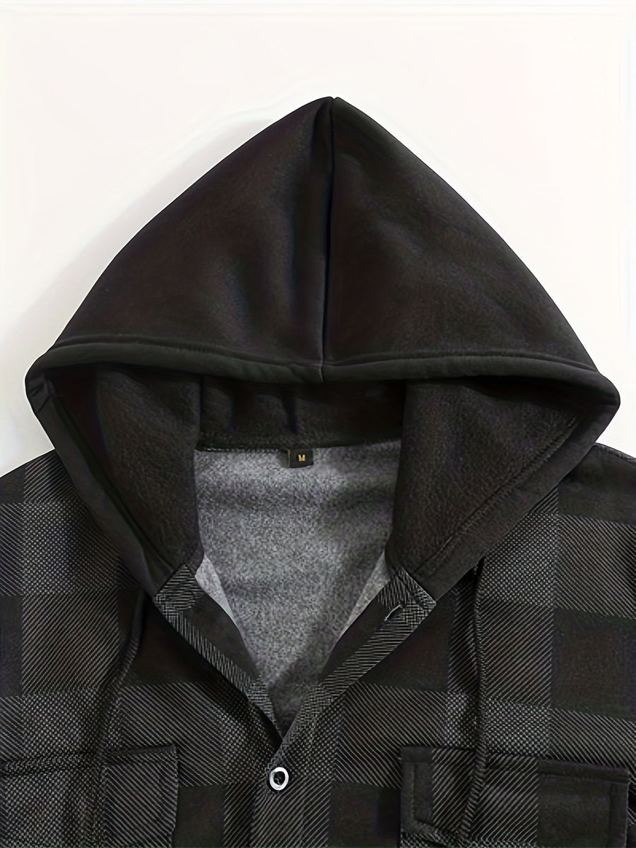 Men'S Jacket, Retro Plaid Shirt, Men'S Casual Shirt Fleece Jacket Single Button with Hat Long Sleeve Coat Men'S Top with Chest Pocket Elastic Cuff Ribbed Spring Autumn New Men'S Clothing - Dark Gray