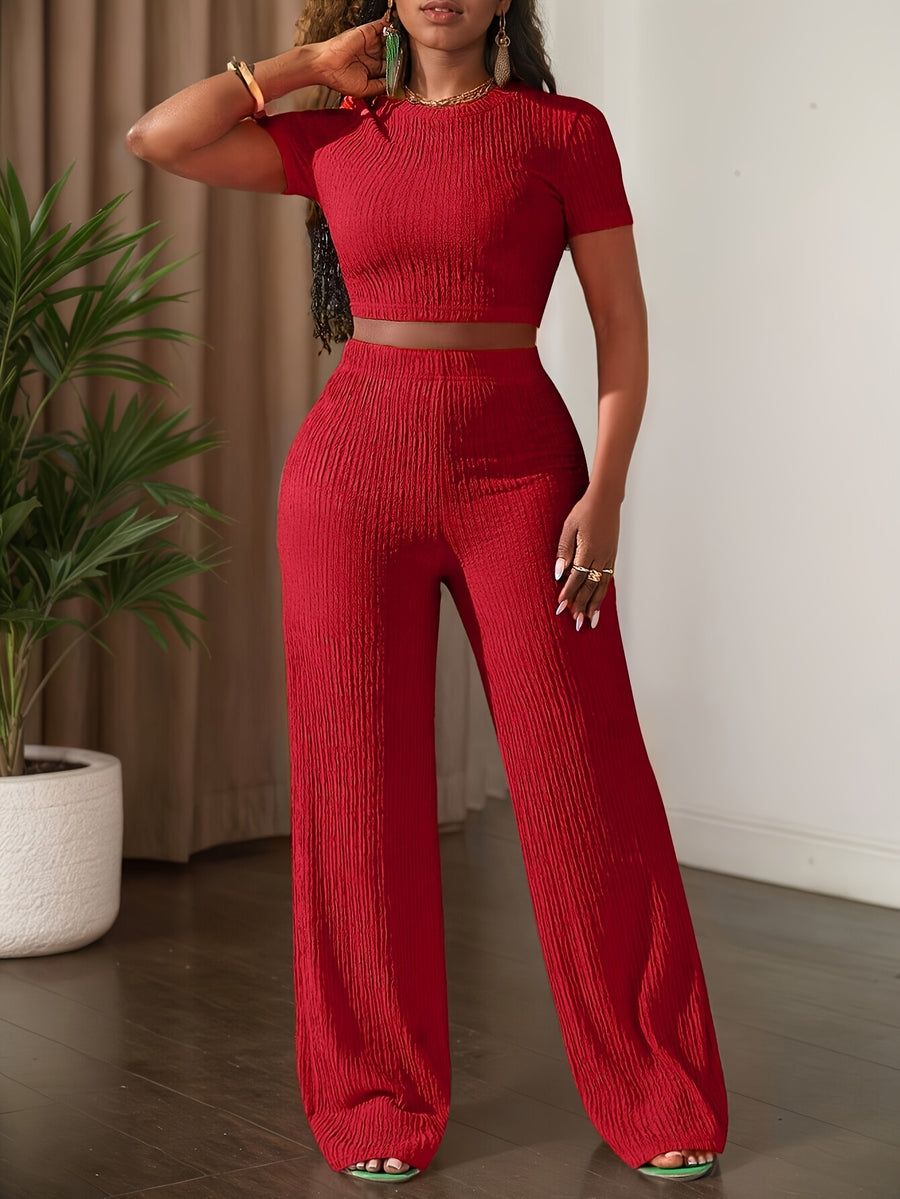 2025 New Solid Color Short Sleeve Top And Wide Leg Pants Casual Set - Red