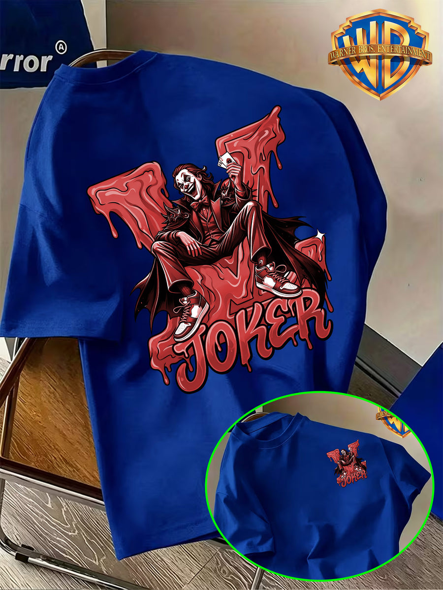 Warner Bros. Official Joker Print T-Shirt with Red-Toned Fluid Vibe, American Vintage Casual Short Sleeve, Men's Casual Comfortable Multi-functional Loose Summer Short Sleeve T-Shirt, Suitable for Outdoor Wear and the Gym - Royal Blue