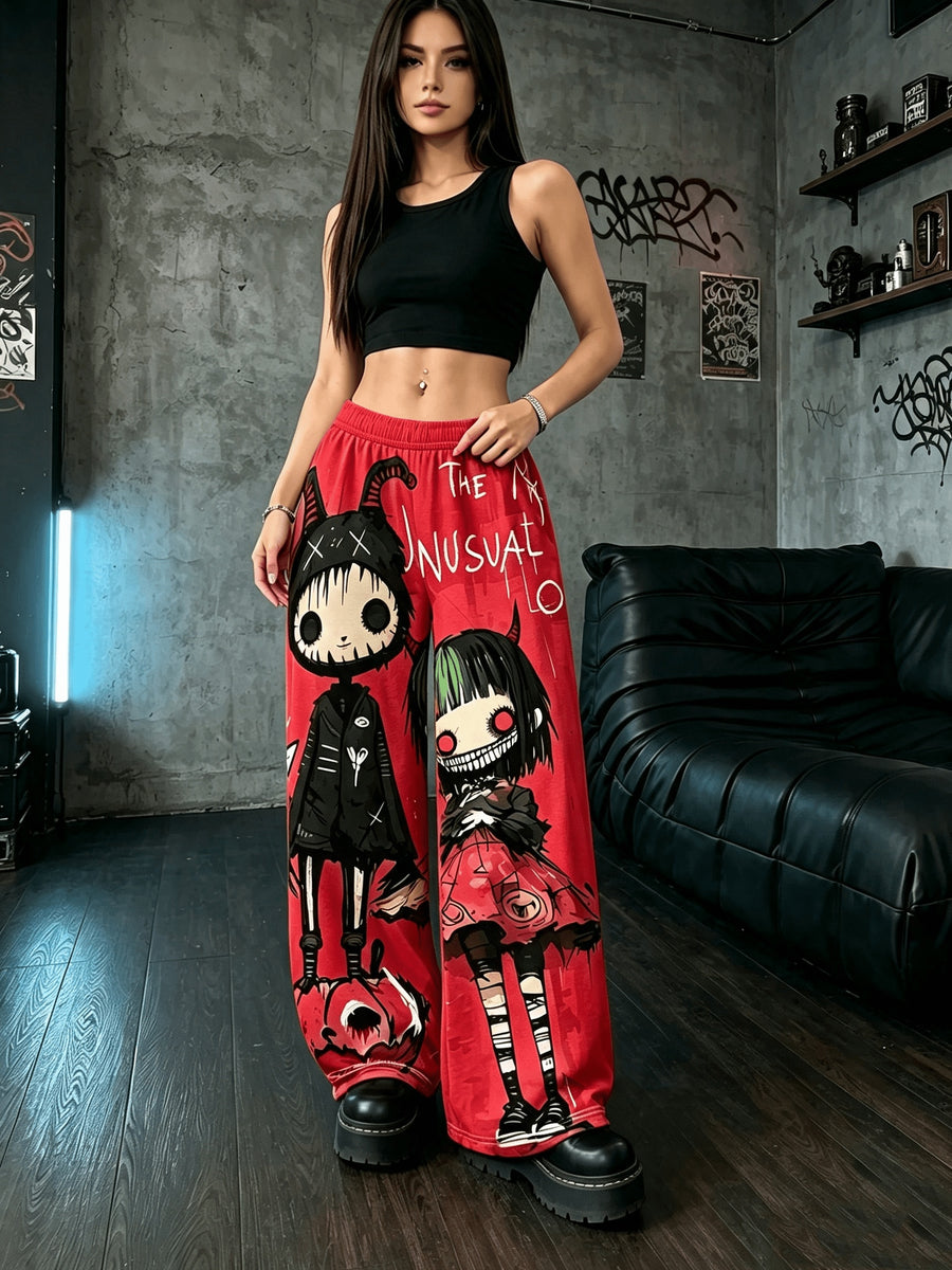 Women'S Digital Print Spring Summer Autumn Retro Horror Doll Cartoon Printed Women'S Trousers, Punk Y2K Subculture Loose Drapey Wide-Leg Pants - Red