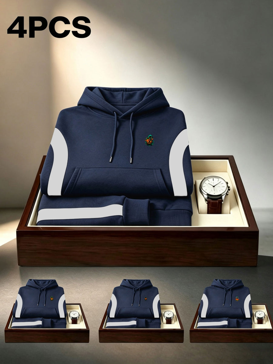 4pcs 2026 Autumn Winter Men'S Street Casual Hooded Sweatshirt, Contrast Line Diagonal Cut Long Sleeve Skin-Friendly Warm Drawstring Large Pouch Hoodie - Navy Blue+Navy Blue+Navy Blue+Navy Blue
