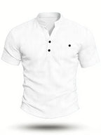 Henley Shirt Men's High-Quality Summer Short-Sleeve Henley T-Shirt - Men's Top, Old Money Style, Suitable for Golf Attire, Outdoor Camping, Fishing, and Daily Casual Wear - White