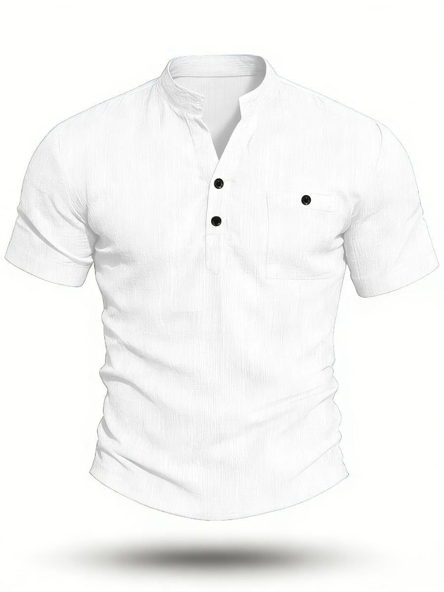 Henley Shirt Men's High-Quality Summer Short-Sleeve Henley T-Shirt - Men's Top, Old Money Style, Suitable for Golf Attire, Outdoor Camping, Fishing, and Daily Casual Wear - White