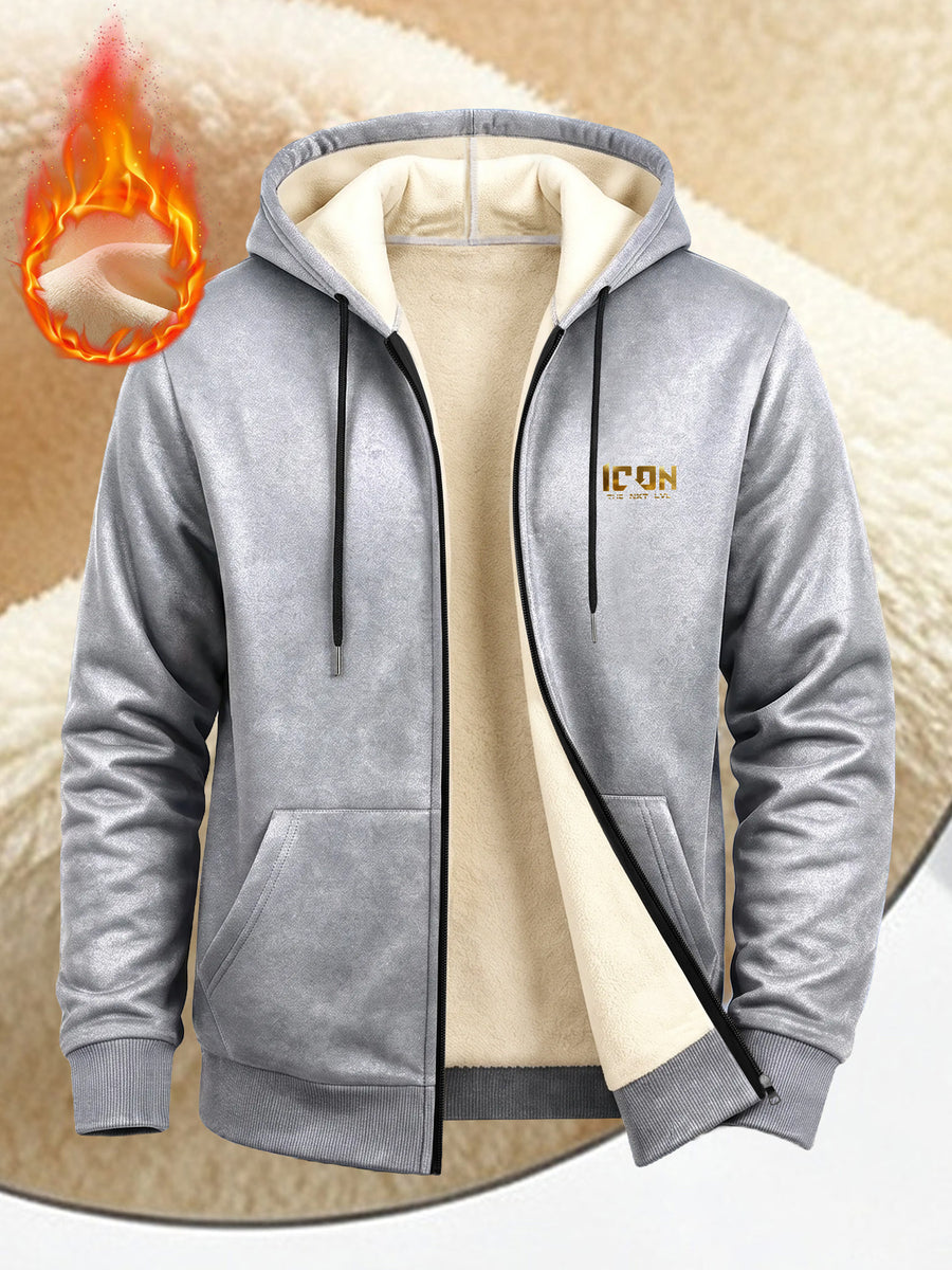 ICON Pattern Print, Men's Thickened -lined Zip-up Hooded Jacket, Versatile Warm -lined Outerwear for Daily Home and Outing Wear - Light Grey