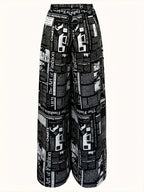 Newspaper Print Wide Leg Pants with Pockets | High Waist, Non-Stretch, Machine Washable, All-Season - Black