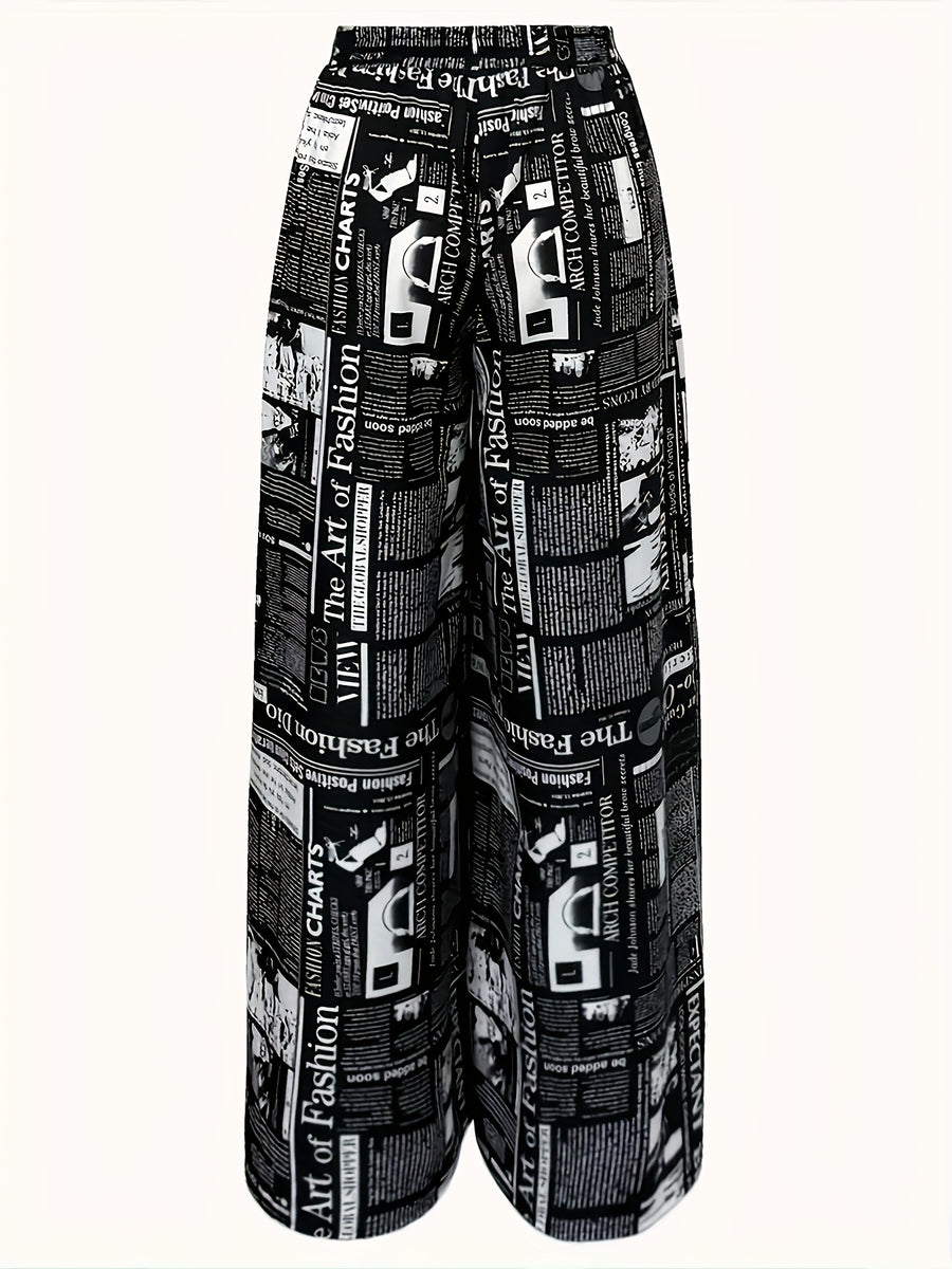 Newspaper Print Wide Leg Pants with Pockets | High Waist, Non-Stretch, Machine Washable, All-Season - Black