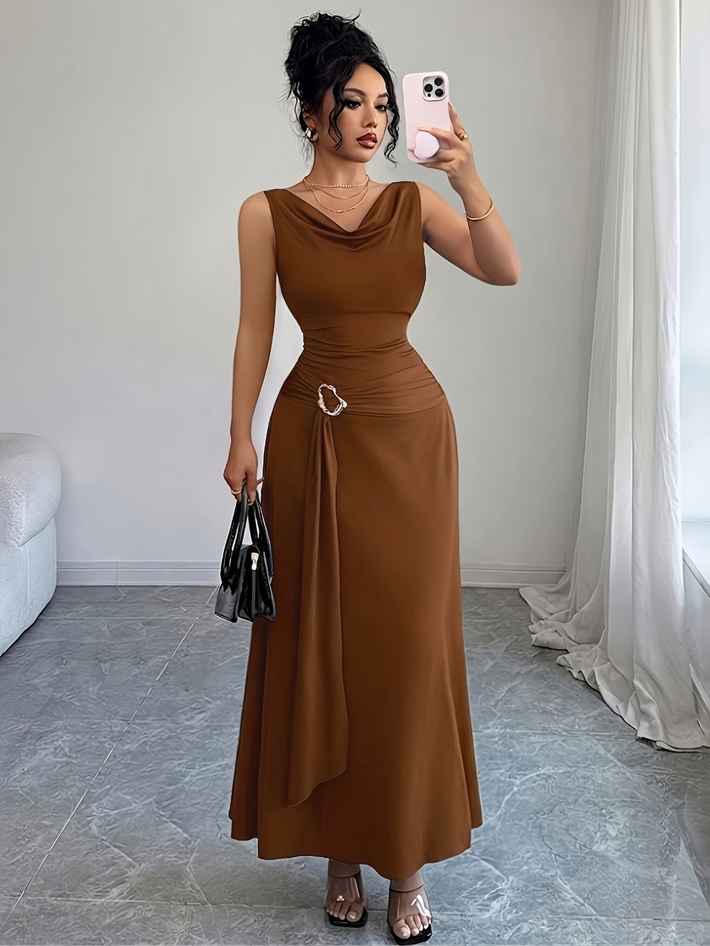 Sleeveless Puff Sleeve Dress Women'S Metallic Buckle Waist-Cinching Bodycon Skirt Elegant Temperament Evening Date Dress Long Dress - Dark Brown