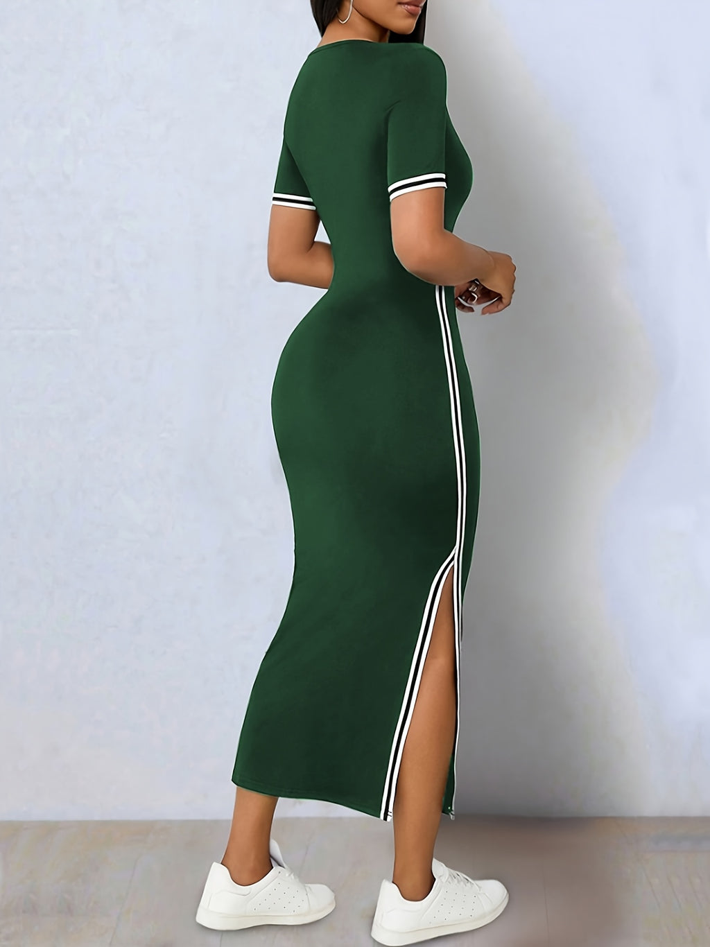 Elegant Color-blocked Stretch Bodycon Asymmetrical Hem Slit V-neck Short Sleeve Dress - Olive Green