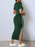 Elegant Color-blocked Stretch Bodycon Asymmetrical Hem Slit V-neck Short Sleeve Dress - Olive Green