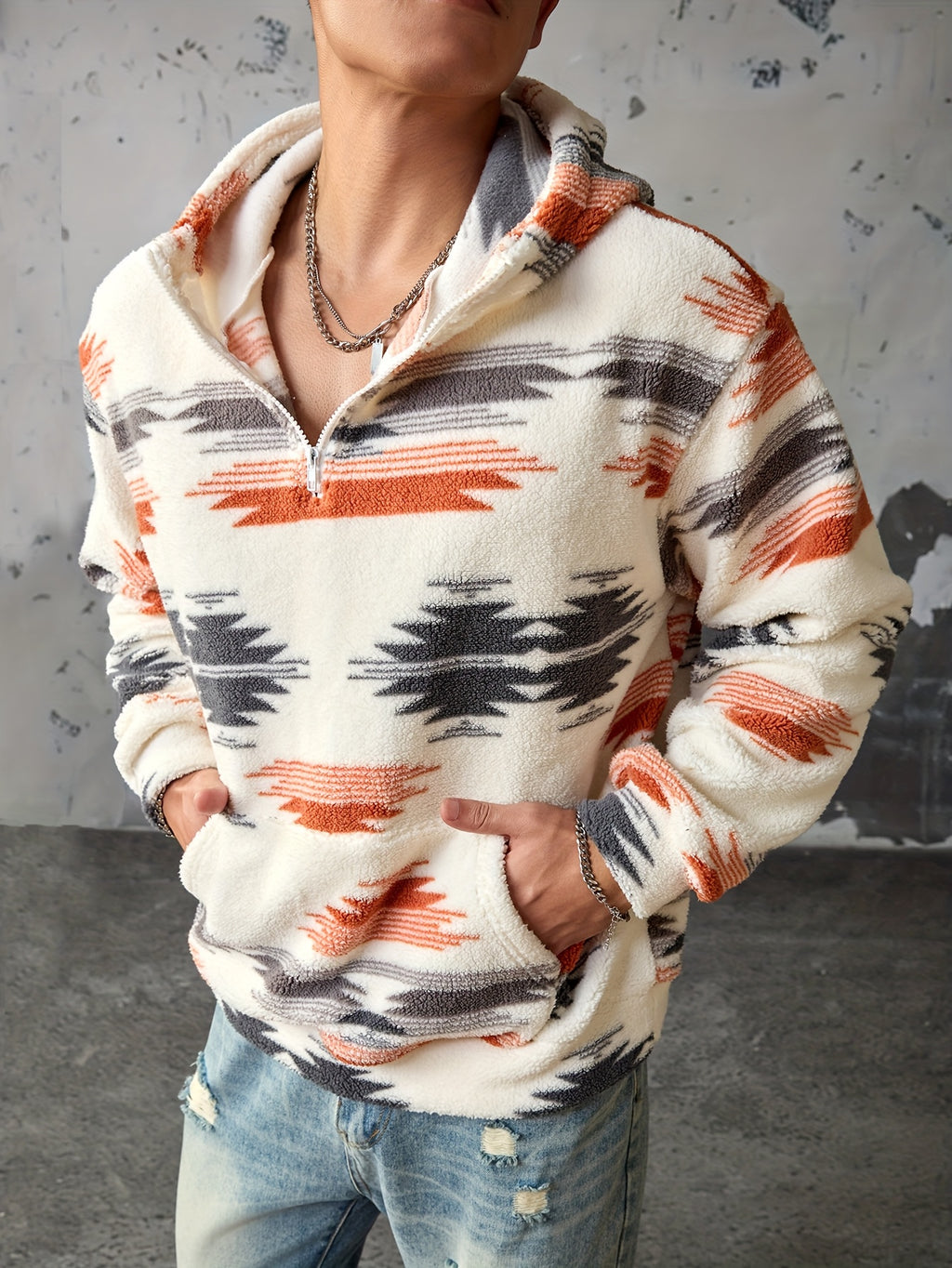 Fashion Men'S Faux Fur Fleece Sweatshirt, Young Easy Casual Style American Retro, Half-Zip Pullover - Polychrome