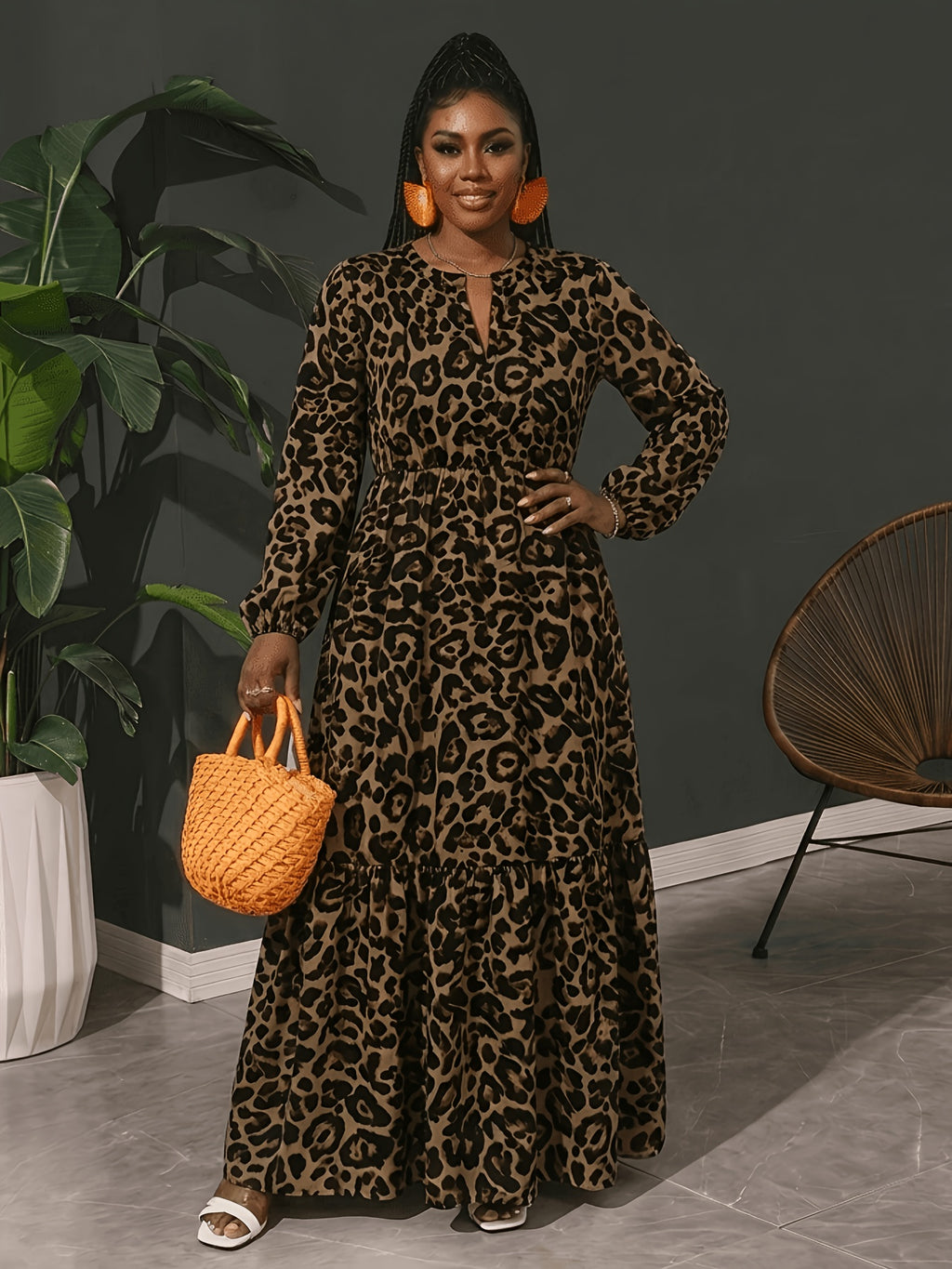 Plus Size Women'S Leopard Pleated Dress, Casual Party Outing Autumn Style - Leopard Print