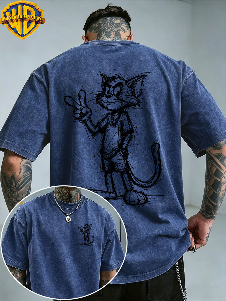 Warner Bros. Official License, Classic Cartoon Character Trendy V-Sign Hand-Drawn Line Print, American Retro Washed Distressed T-Shirt, Unisex, Machine Washable, Suitable for Daily Commute And Outdoor Wear - Royal Blue