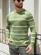 New Men'S Round Neck Knit Long Sleeve Sweater Autumn Winter Casual Base Layer Knit Pullover, Men'S Striped Sweater - Matcha Color
