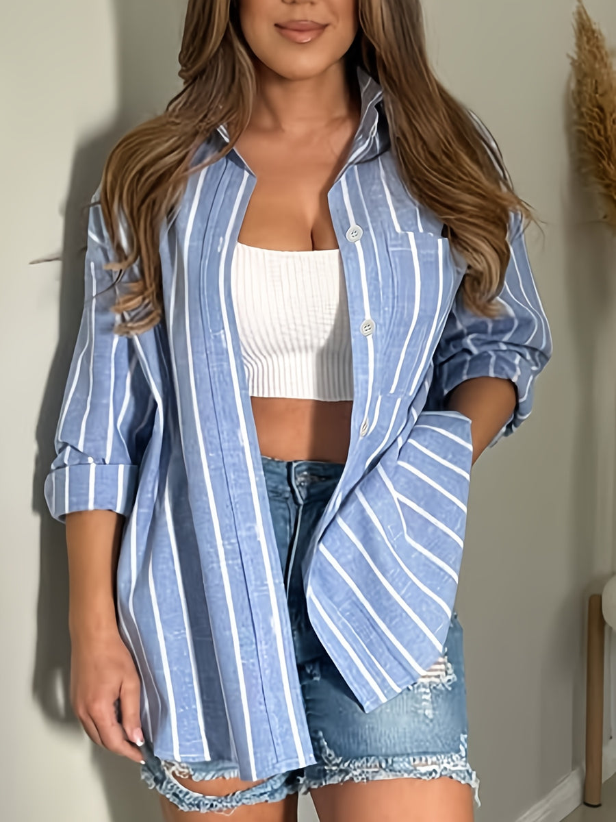 European And American Loose Casual Striped Pocket Lapel Shirt - Blue