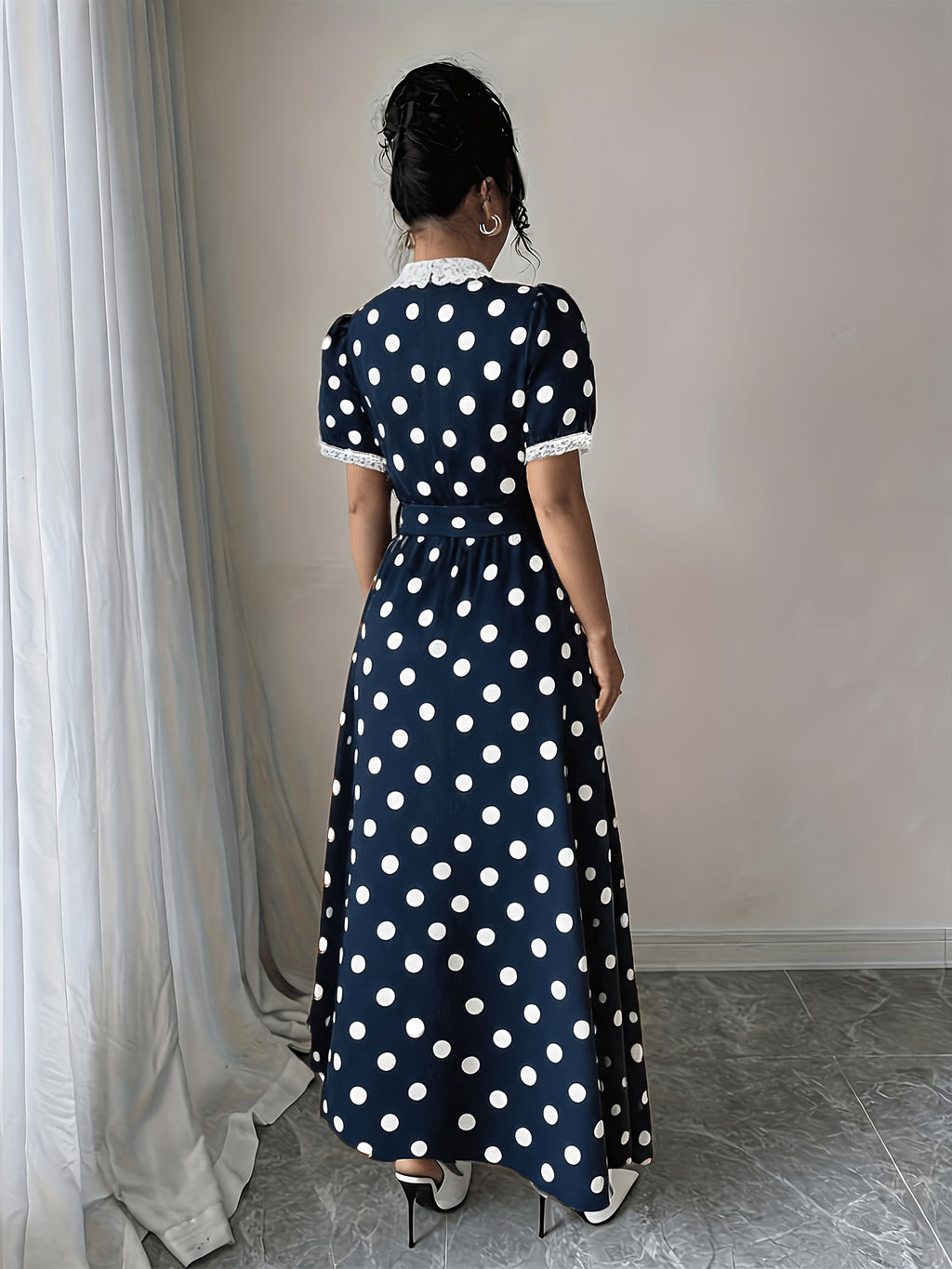 Elegant Lace-trimmed Polka Dot Color-block Long Dress with Waist Tie for a Fit - Navy Color