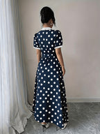 Elegant Lace-trimmed Polka Dot Color-block Long Dress with Waist Tie for a Fit - Navy Color