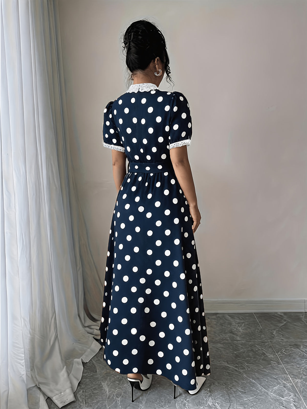 Elegant Lace-trimmed Polka Dot Color-block Long Dress with Waist Tie for a Fit - Navy Color