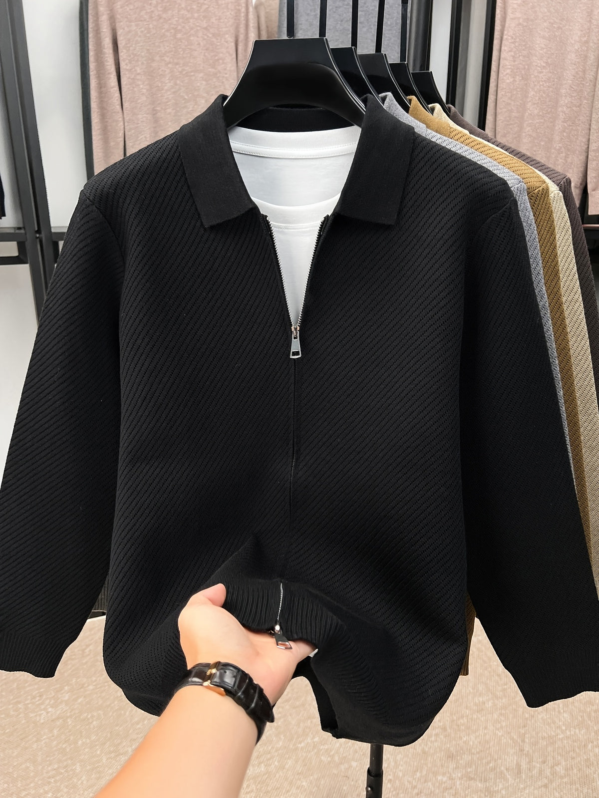 Xingfan Autumn/Winter Men's Long-Sleeve Open-Front Cardigan Lapel Business Casual Solid Color Chunky Knit Full-Zip Thickened Outerwear Jacket - Black