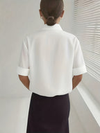 Women's Solid Color Elegant Neckline Short Sleeve Shirt - White