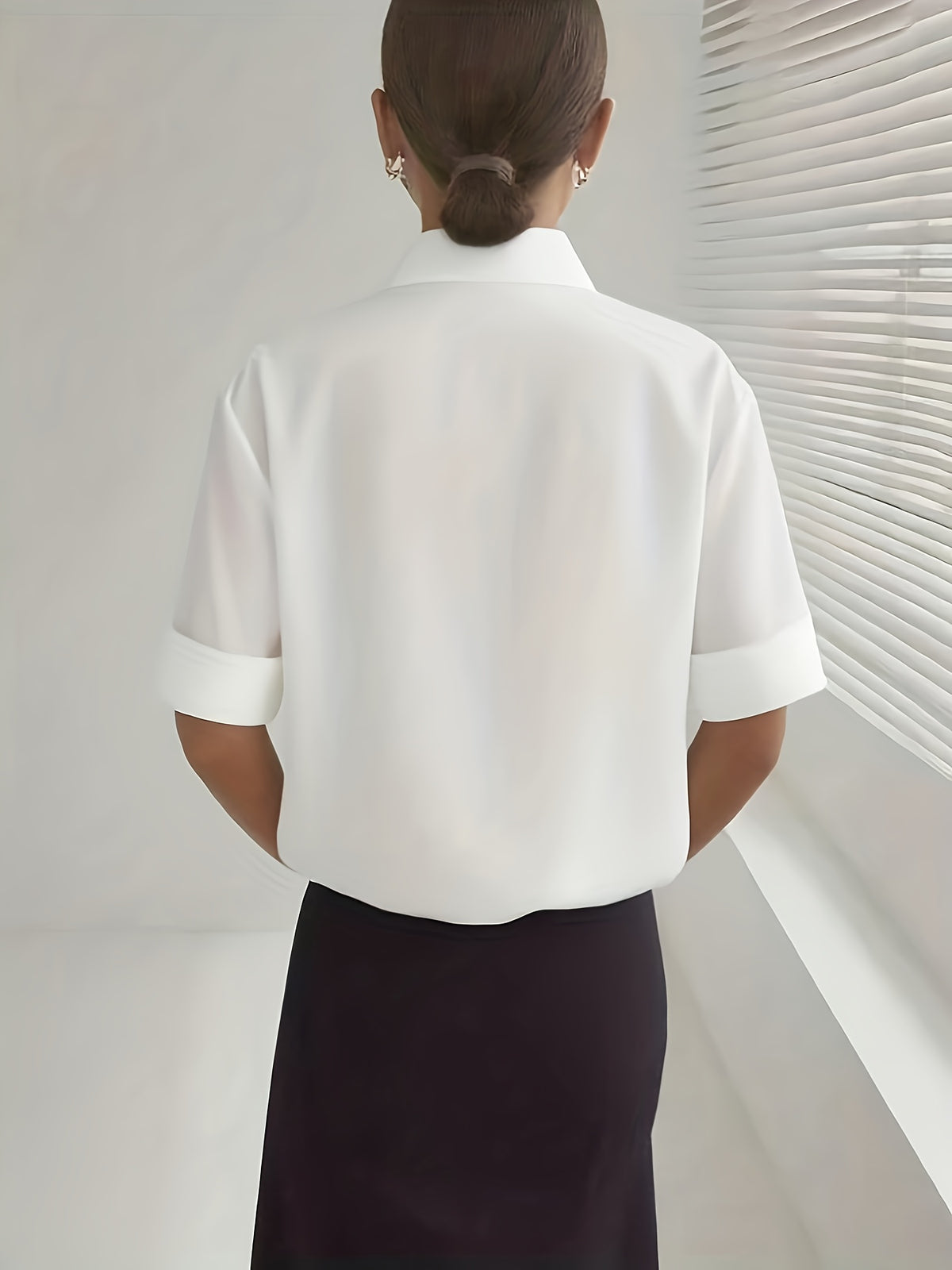 Women's Solid Color Elegant Neckline Short Sleeve Shirt - White