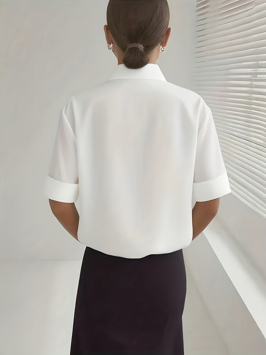 Women's Solid Color Elegant Neckline Short Sleeve Shirt - White