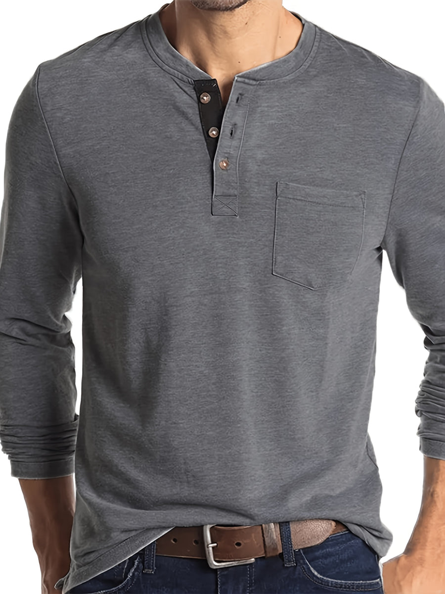 KJ-P026 Plus Size Men'S Summer Henley Long Sleeve Athletic Fitness Multicolor Base Layer T-Shirt - Grey