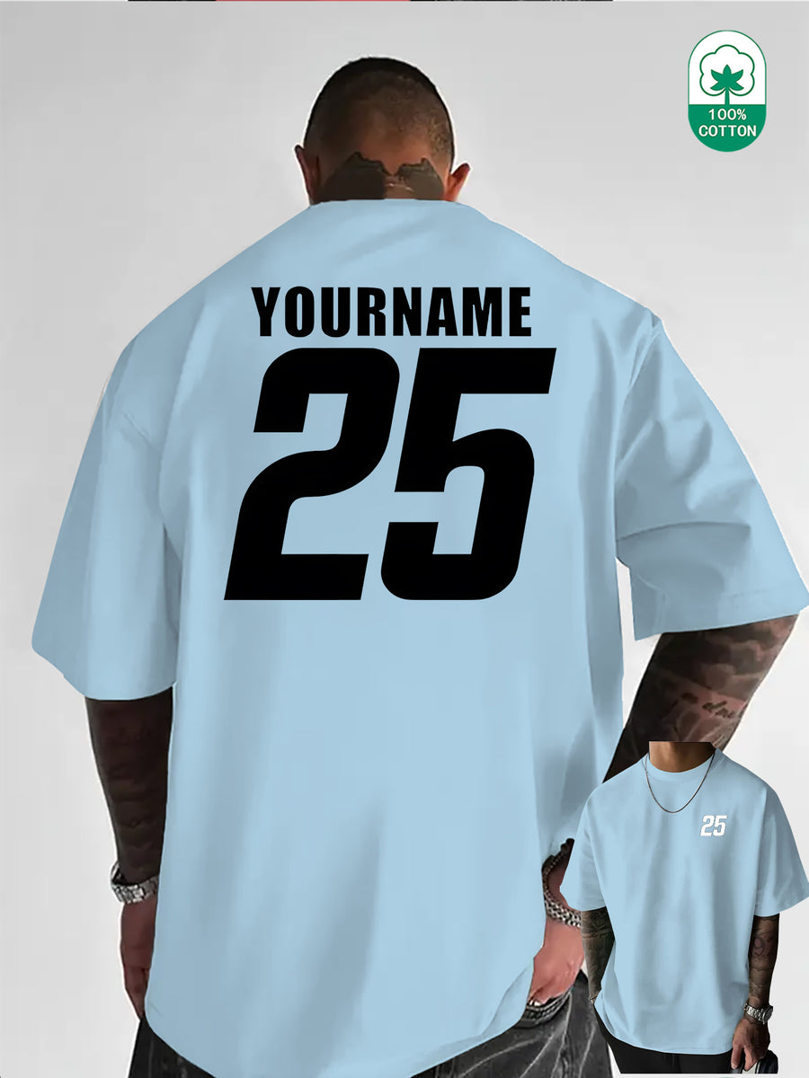 Minimalist Hand-Drawn Numerals and Letter Creative Front and Back Print Fashionable Men's Casual Versatile #Commute #Leisure #Home #Office #Trendy Streetwear Fashion Item Crew Neck Heavyweight Pure Cotton T-Shirt - Light Blue