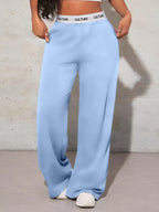 Women's Wide- Winter Pants with High Waist - Solid Color Full-Length Floor-Sweeping Trousers, Loose Fit Casual Winter Wear, Pockets & Machine Washable (for Weather Outfits) - K6 Style - Blue