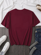 Pattern Print Short Sleeve, Casual Round Neck T-Shirt, Standard Size Women's - Burgundy