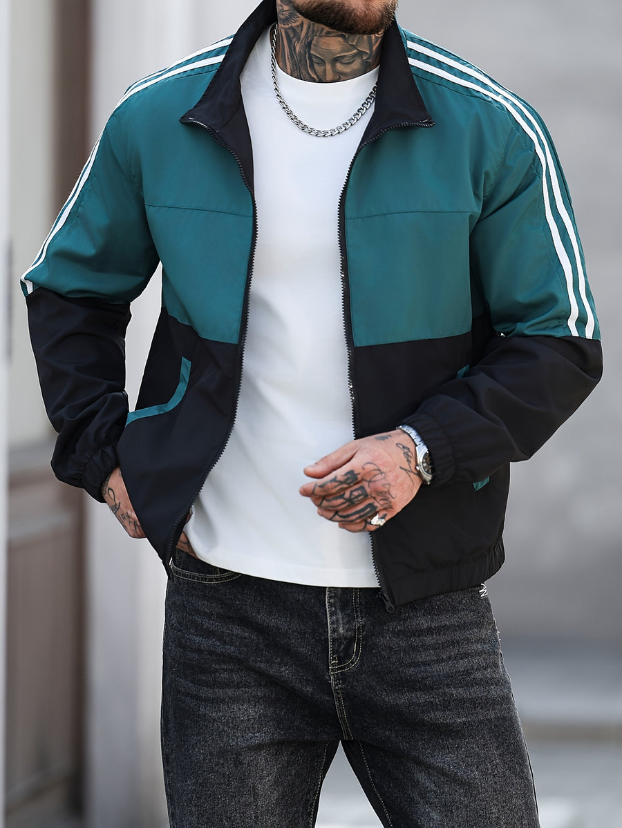 Men'S Contrast Color Stand Collar Zippered Jacket, Casual Streetwear Outerwear, Webbing Decor, Spring/Autumn Lightweight Windproof Softshell Jacket with Lining - Dark Green