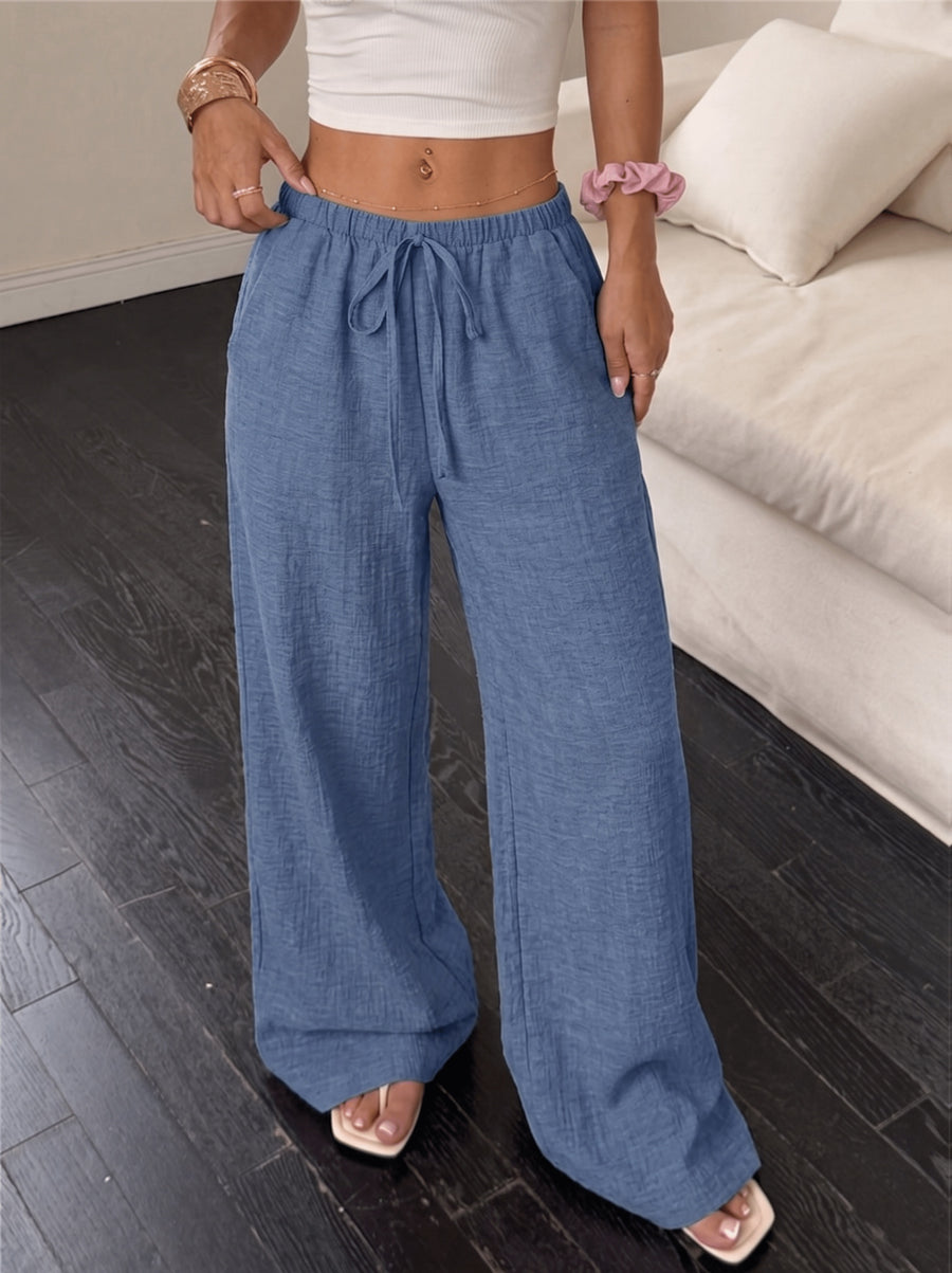 YY0514366 Women's Casual Versatile Solid Color Lace-Up Straight-Leg Pocket Wide-Leg Pants - Blue