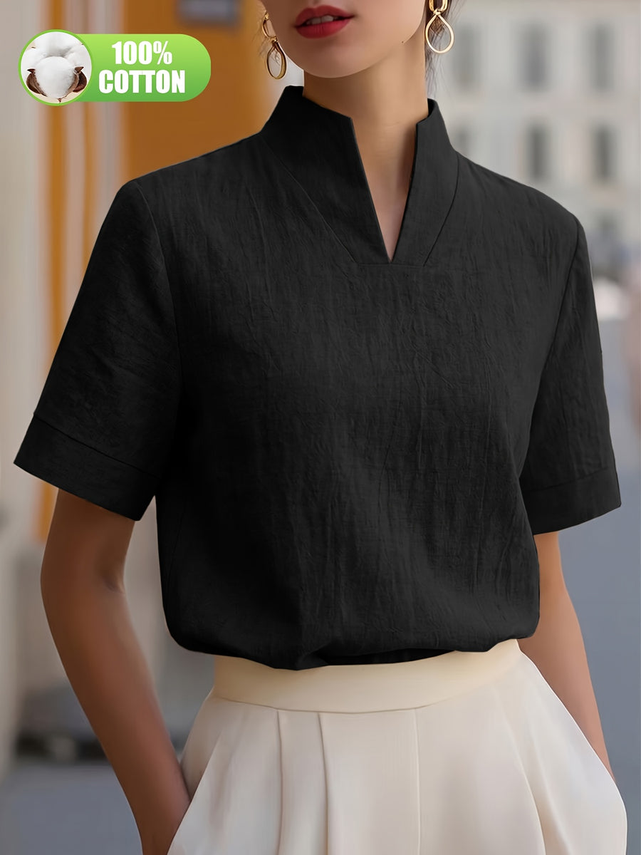 Elegant and Summer New Style Fashionable 100% V-Neck Back Zipper Short Sleeve Everyday Versatile T-Shirt Top ASD1 for Women of Distinguished Temperament - Black