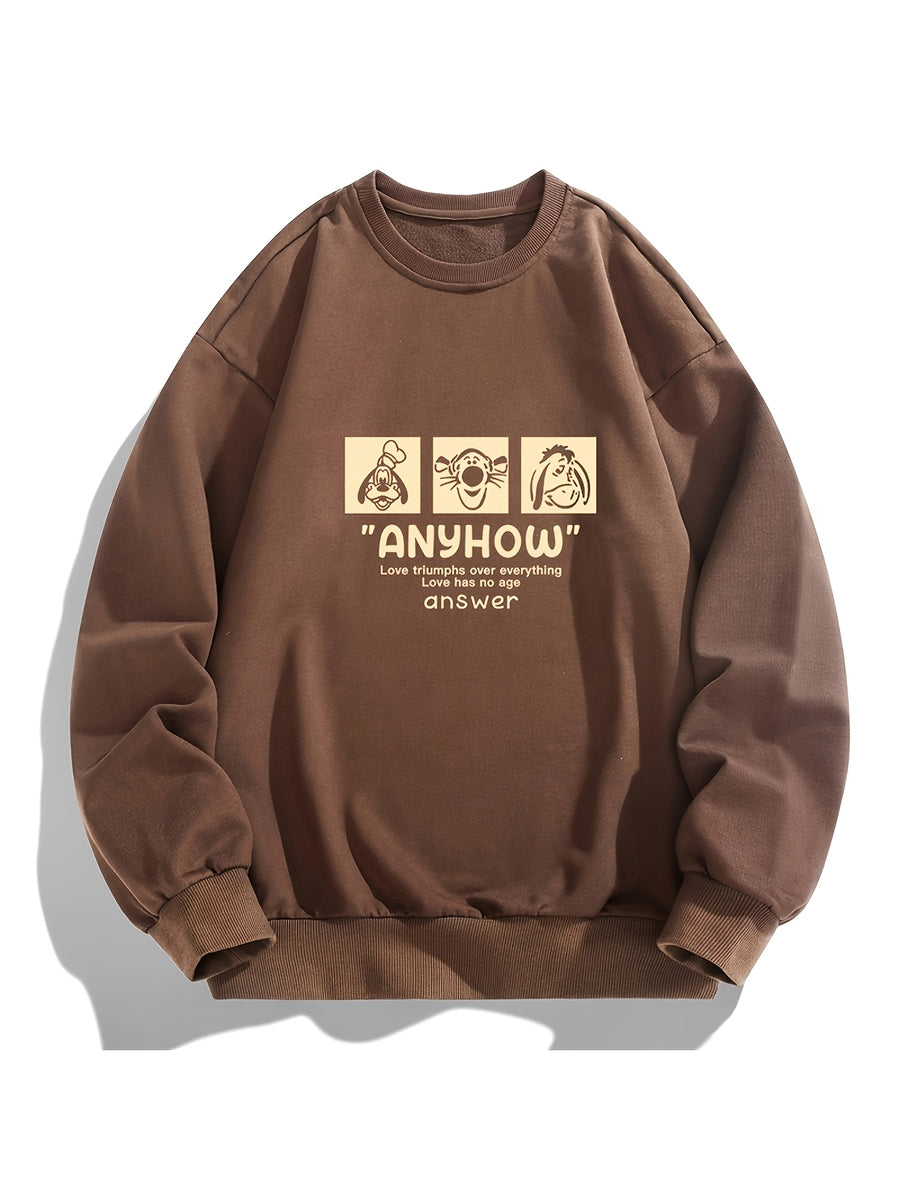 Men'S Crew Neck Sweatshirt, Spring And Autumn Printed Pullover Top, Youth Loose Casual Versatile Long Sleeve Base Shirt - Light Brown-1