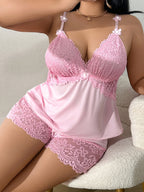 Plus-Size Two-Piece Lace Camille Pajama Set, Sexy Shorts, Casual Floral Pajamas, Fitted Regular Length, Suitable for All Seasons - Pink Color