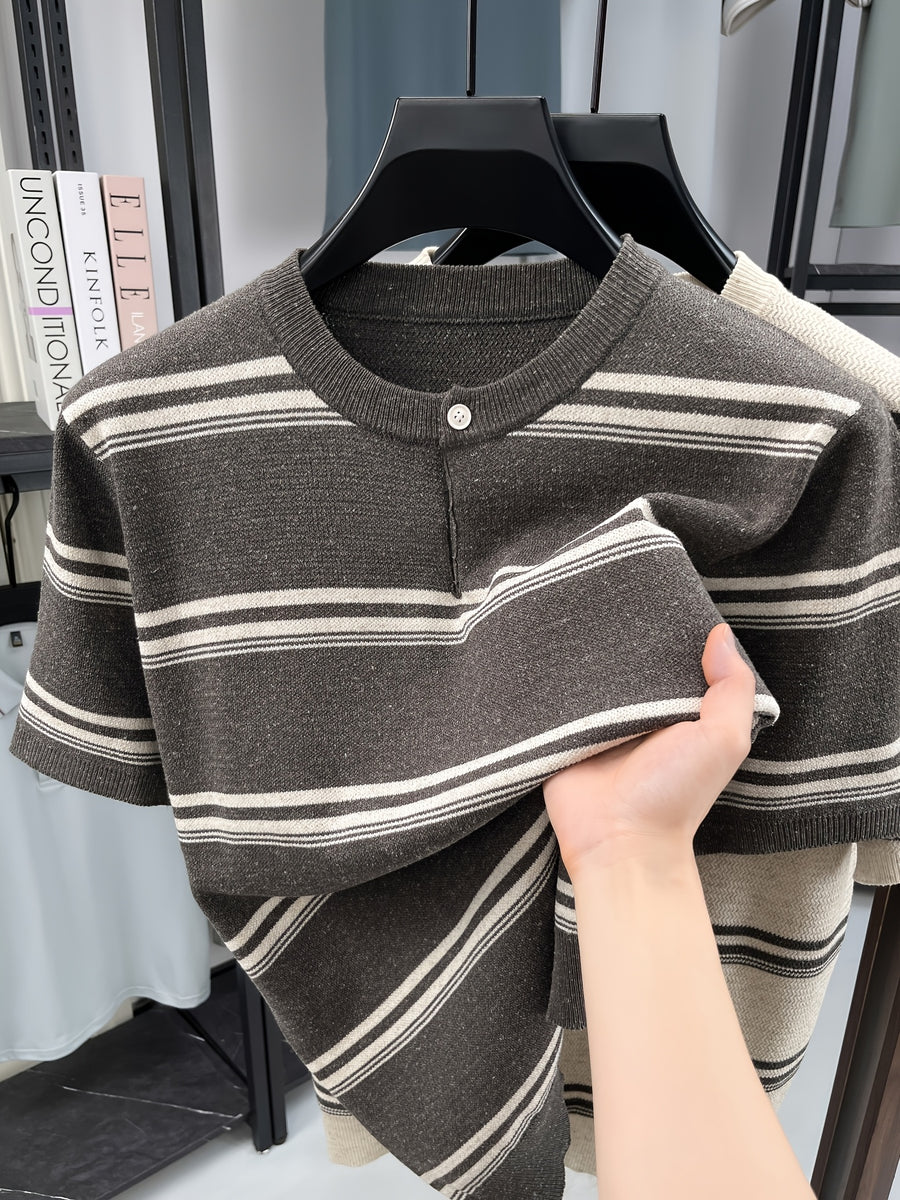 Men's Lightweight Breathable Knit Button-Up Shirt - Old Money Style Striped Half-Placket Stand Collar Short Sleeve Tunic Pullover, Suitable for Business Casual, Layering Base Layer for Spring Summer Outdoor Golf, Running, Daily Wear - Grey