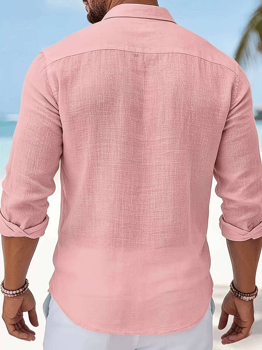 Men'S Fashion Breathable Comfortable Beach Casual Small Lapel Long Sleeve All-Season Shirt - Pink Color
