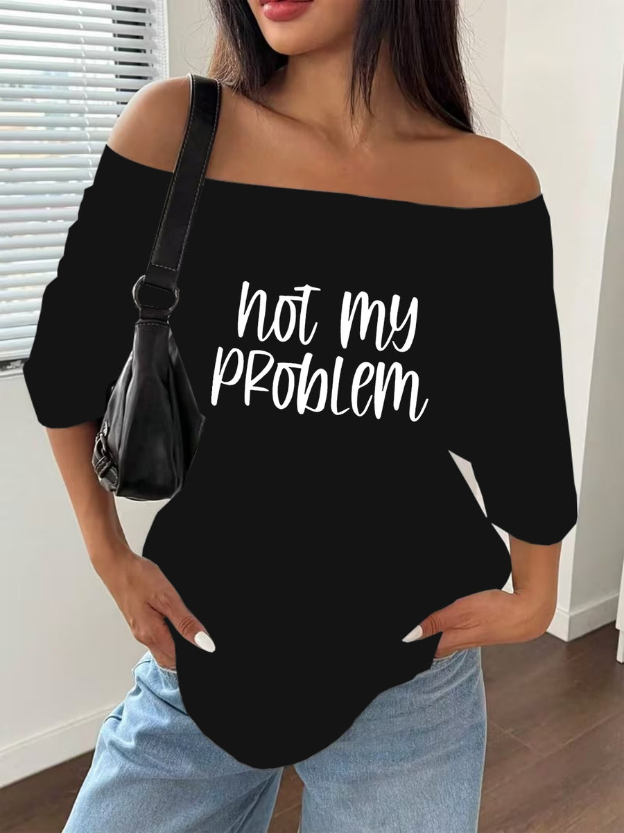 Women's Off-Shoulder Short Sleeve T-Shirt - Breathable Stretch Fabric Oversized Loose Fit Top with Off-Shoulder Neckline & Lettering Print, Soft Suitable for Spring Summer Beachwear, Casual Blouse for Layering - Black