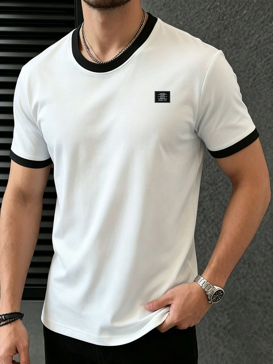 Men's 95% Polyester T-Shirt with Color-Block Patch & Badge Detail - Crew Neck Base Layer Suitable for Casual, Sportswear, All-Season Wear, Machine Washable, High-Fit Regular Fit Top for Layering and Everyday Use - White And Black