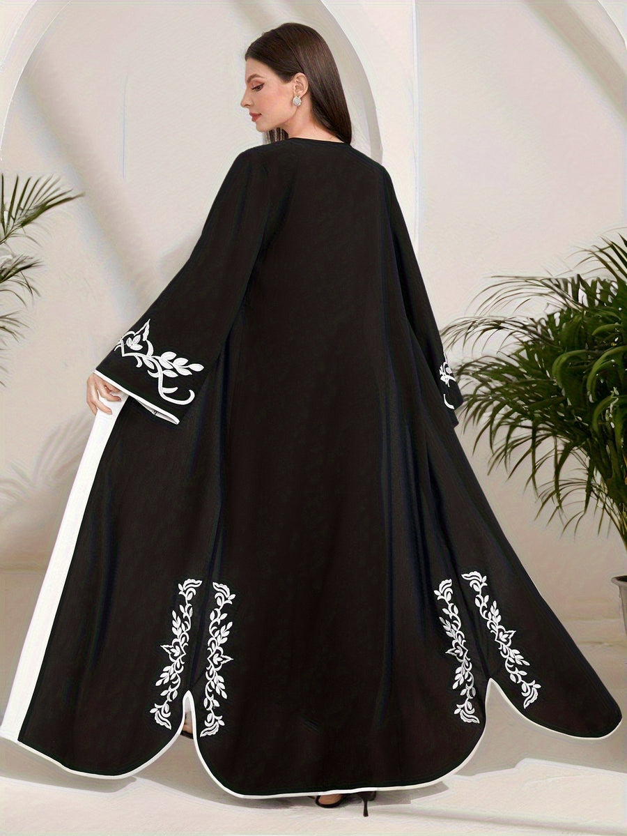 Dress Without Inner Vest, Without Matching Belt - Women's Elegant Islamic Arabic Abaya, Casual Loose-fitting Long-sleeve Robe with Embroidery for Prayer and Daily Wear - Black
