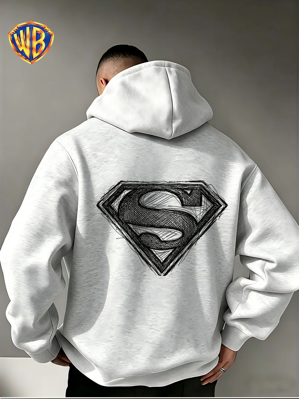 Warner Bros. Superman Sketch Print Hooded Sweatshirt, Men's Loose Fit Casual Top, Versatile and Comfortable Autumn/Winter Sweatshirt - Light Grey