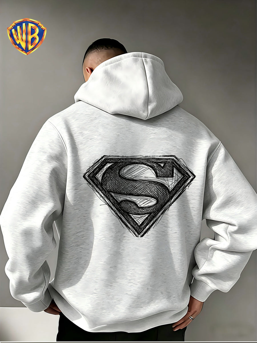 Warner Bros. Superman Sketch Print Hooded Sweatshirt, Men's Loose Fit Casual Top, Versatile and Comfortable Autumn/Winter Sweatshirt - Light Grey