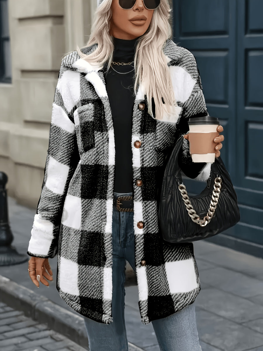 Stylish Women's Mid-Length Coat Featuring a Plaid Print and Teddy Bear Texture an Elegant Faux Style Complete with Pockets and Button-closure Details. - Black