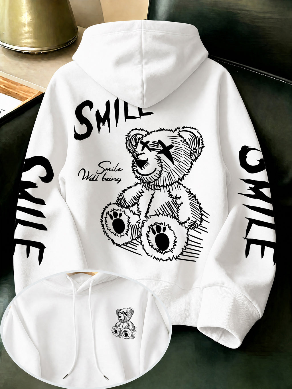 Men'S Casual Sports Hoodie - Street Y2K Style Men'S Hooded Sweatshirt with Pockets, Double Sleeve SMILE Letter Graffiti And X-Eye Bear Special Print, Loose Wrinkle-Resistant Slight Stretch Design for Athletic Comfort - White