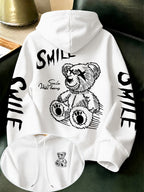 Men'S Casual Sports Hoodie - Street Y2K Style Men'S Hooded Sweatshirt with Pockets, Double Sleeve SMILE Letter Graffiti And X-Eye Bear Special Print, Loose Wrinkle-Resistant Slight Stretch Design for Athletic Comfort - White
