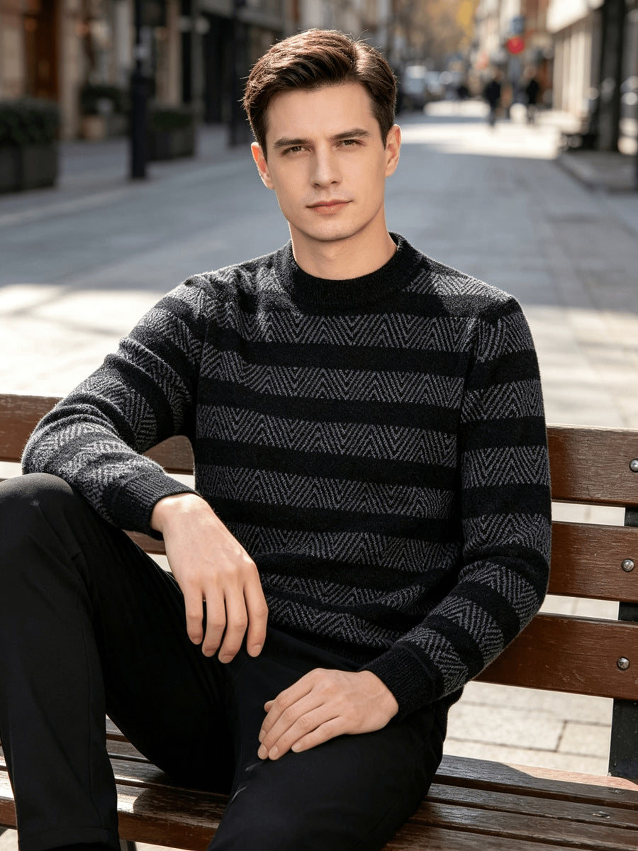 New Fleece Thick Full Body All-In-One Plush Fashion Striped Warm Men'S Top Computer Knit Round Neck Pullover Sweater Winter Warm Comfortable Gift for Husband Family - Black