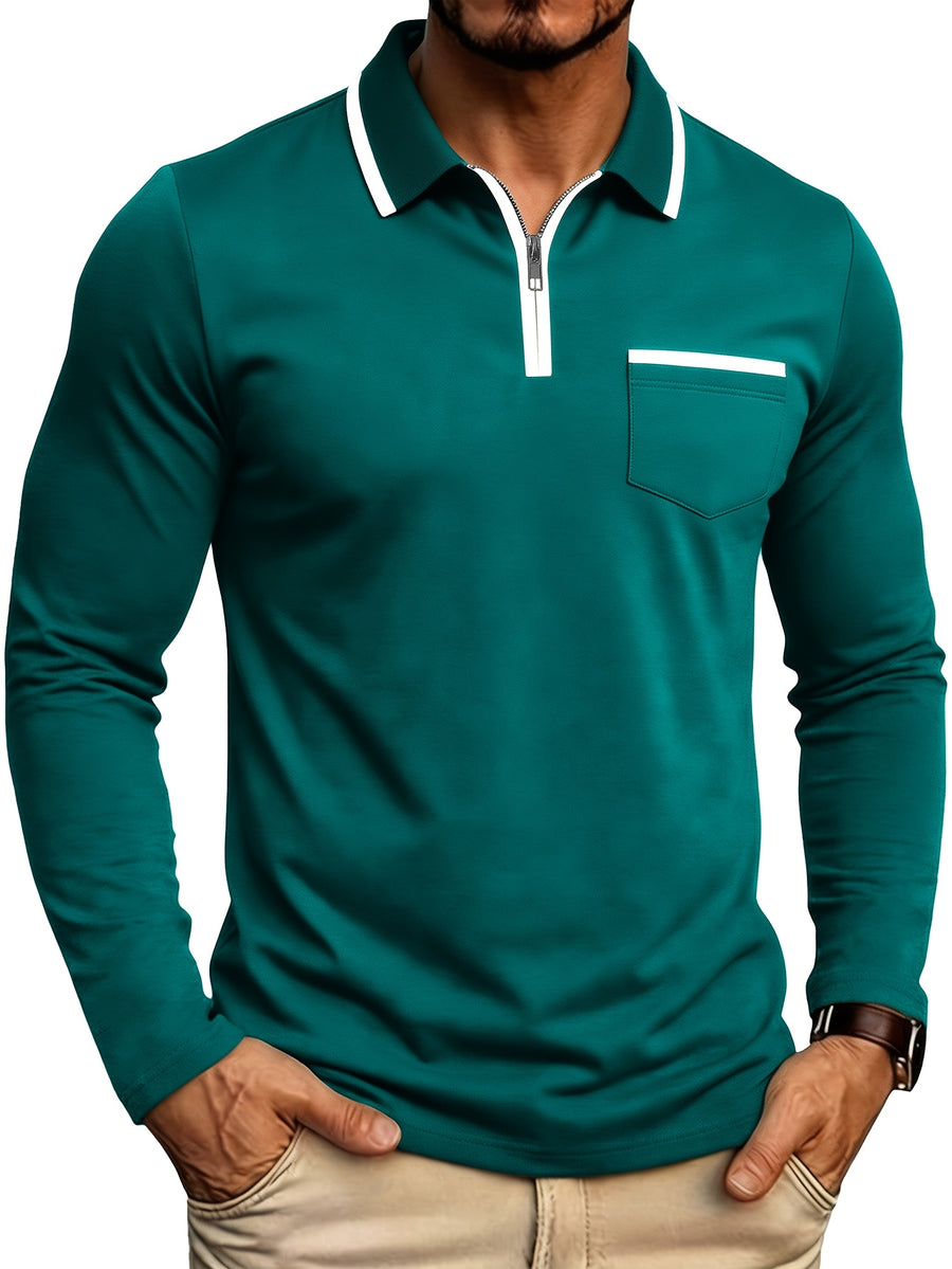 Autumn Cross-Border American Men'S Long Sleeve Polo Shirt Men'S Base Layer Contrast Top - Postal Orchid