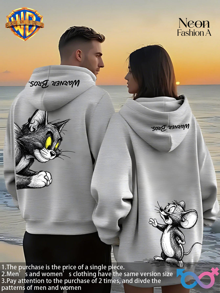 1pc Warner Bros. Cartoon Classic Couple's Sweatshirt, Unisex Long-Sleeve Top with Playful WB Anime Character Action Print on the Back, Trendy, Fashionable, Versatile, Streetwear, Comfortable, and Casual Outerwear, Chinese National Trend - Men's-Light Gray