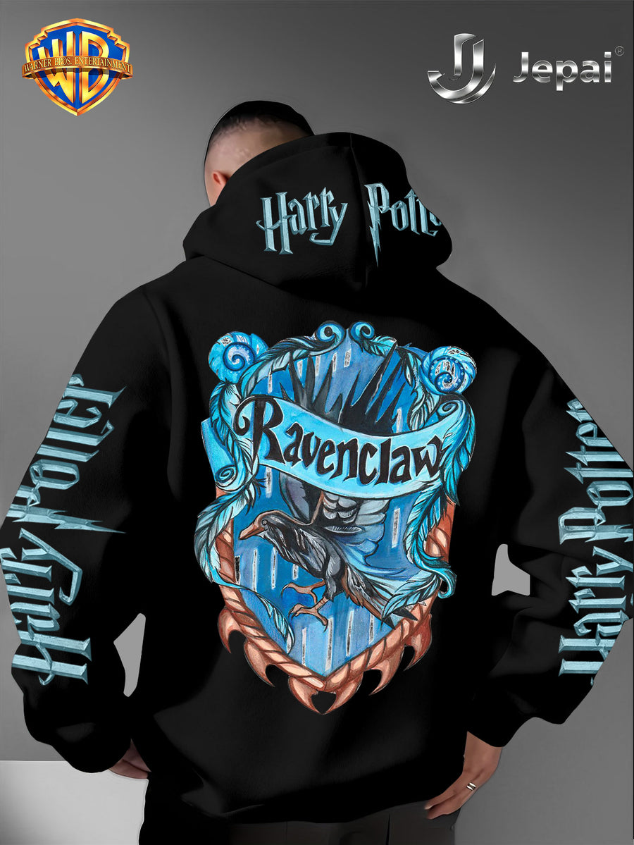Warner Bros. Official, Trendy Cool American Street Style Harry Potter Badge Print Hooded Sweatshirt, Unisex American Street Style Long-Sleeve Top, Suitable for Daily and Outdoor Activities, an Excellent Warm Outerwear Choice for Autumn and Winter! - Black